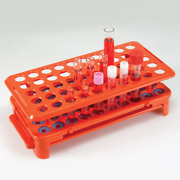 Globe Scientific Grip Rack, Rack with Tube Grippers and Tube Eject for up to 15mm Tubes, 50-Place, Autoclavable, Orange Image